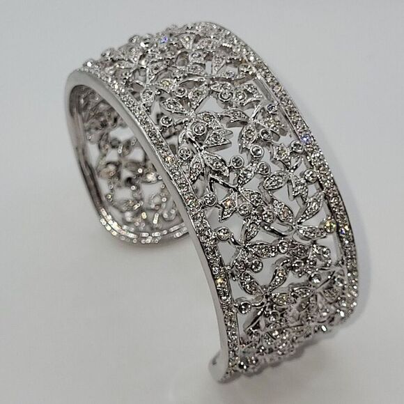 NWOT retired Nadri Scroll Cuff bracelet with Pave Crystals, Silver tone - Picture 1 of 6